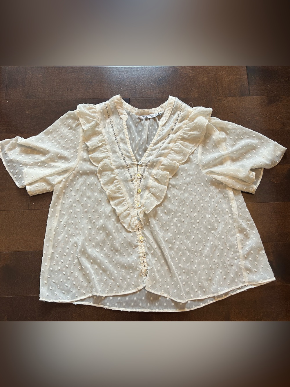 Zara Cream Ruffle Swiss Dot Blouse